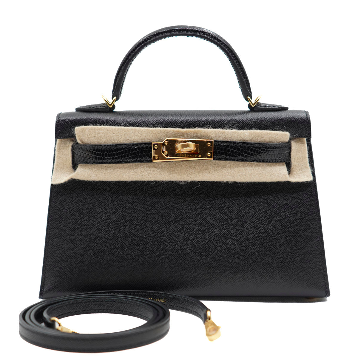 Hermès Mini Kelly Black/Veau Madame Touch of Lezard/GHW