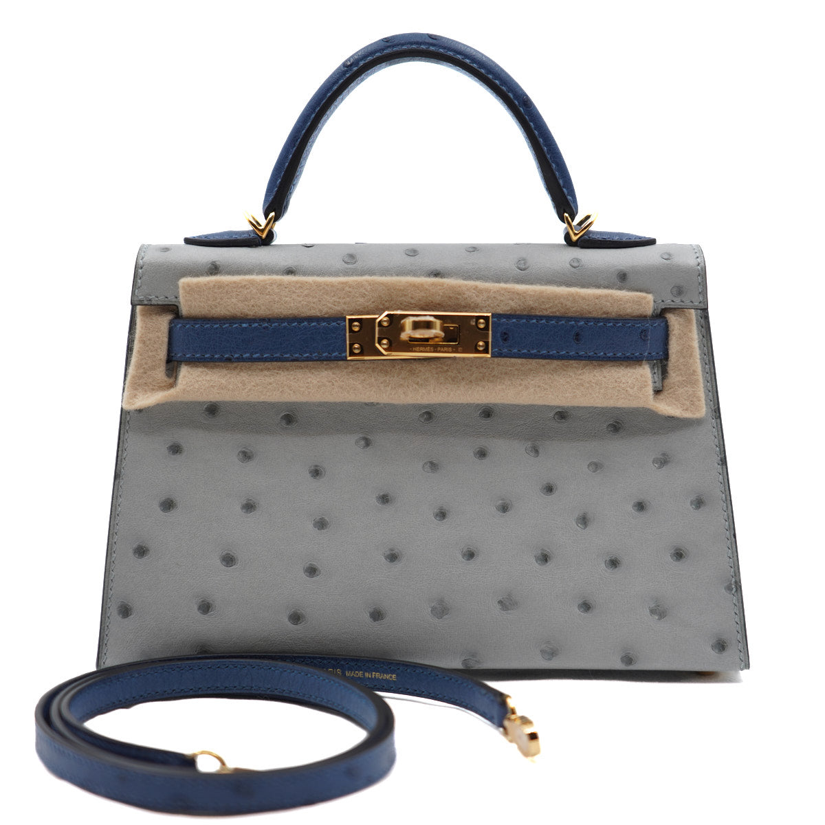 Hermès Mini Kelly Pearl Grey,Iris Blue/Ostrich/GHW K-stamp 2025
